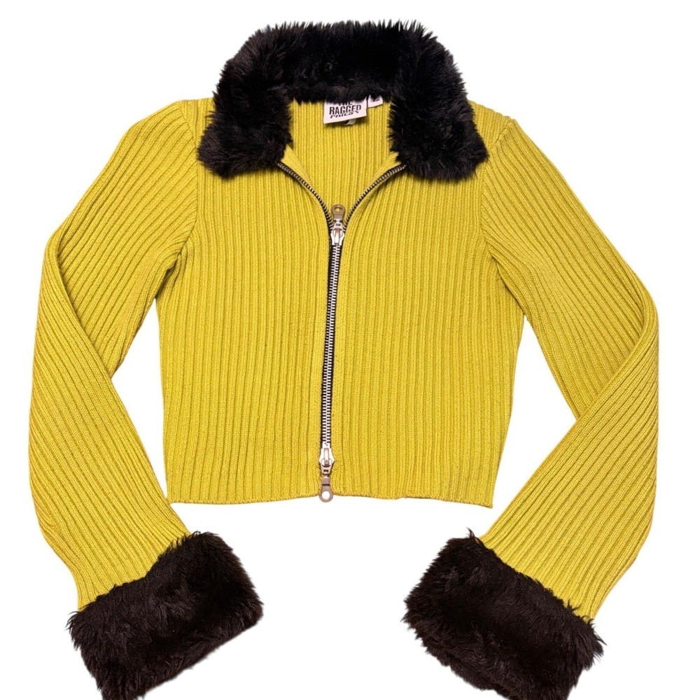 Y2K The Ragged Priest Chartreuse Yellow Ribbed Faux Fur Trim‎ Zip Up Cardigan M